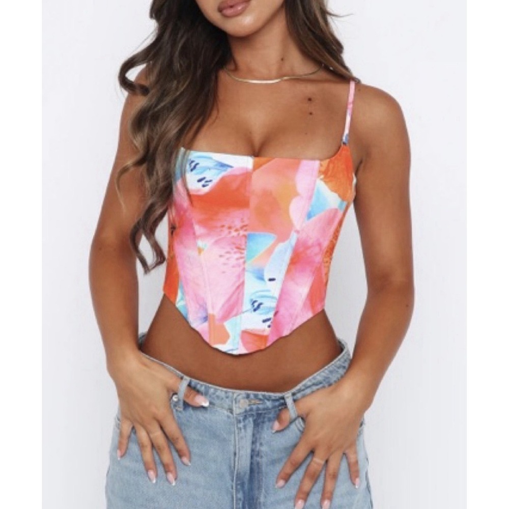White Fox Womens Top Xs Pink Floral Corset Boned Cropped Lined Full Zip